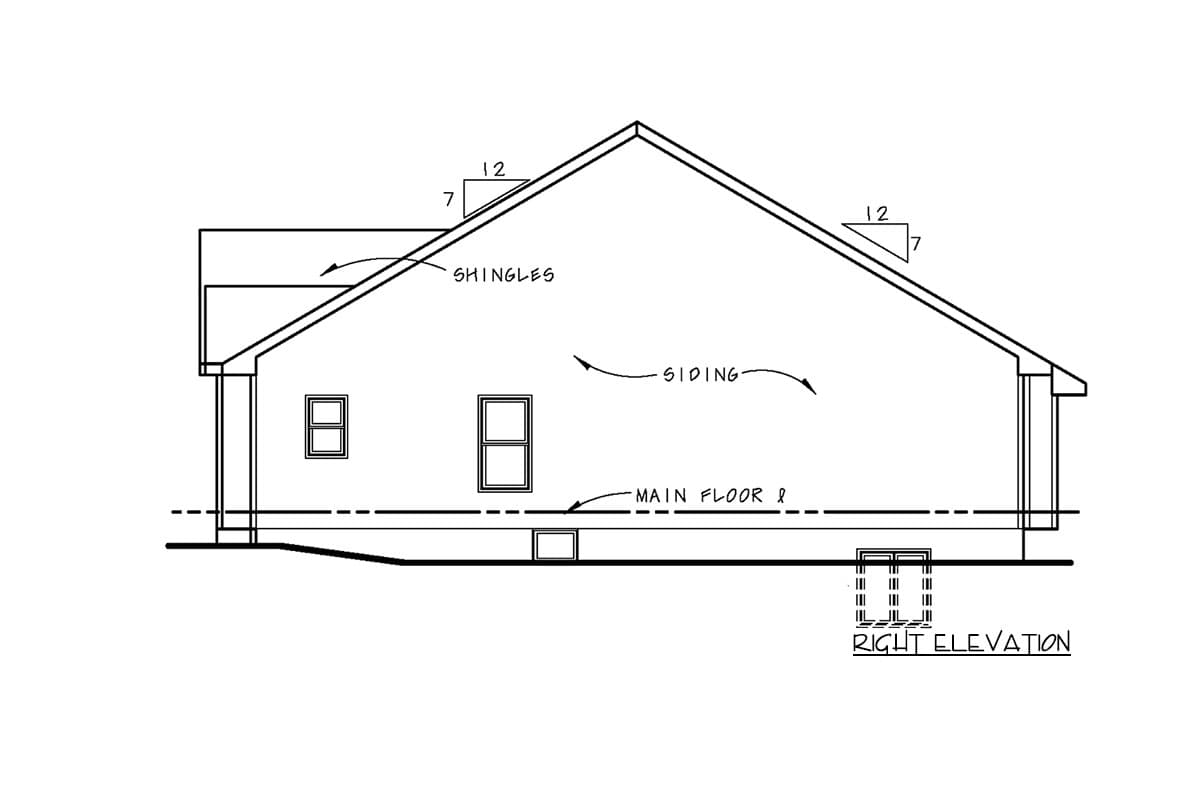 Right elevation drawing of a house plan, showing two windows, siding, and a steep roof with shingles.