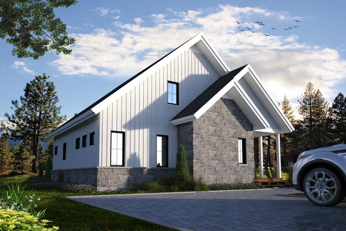 House plan exterior with steep gable rooflines, vertical siding, and stone foundation. Features a covered entry and dark-framed windows.