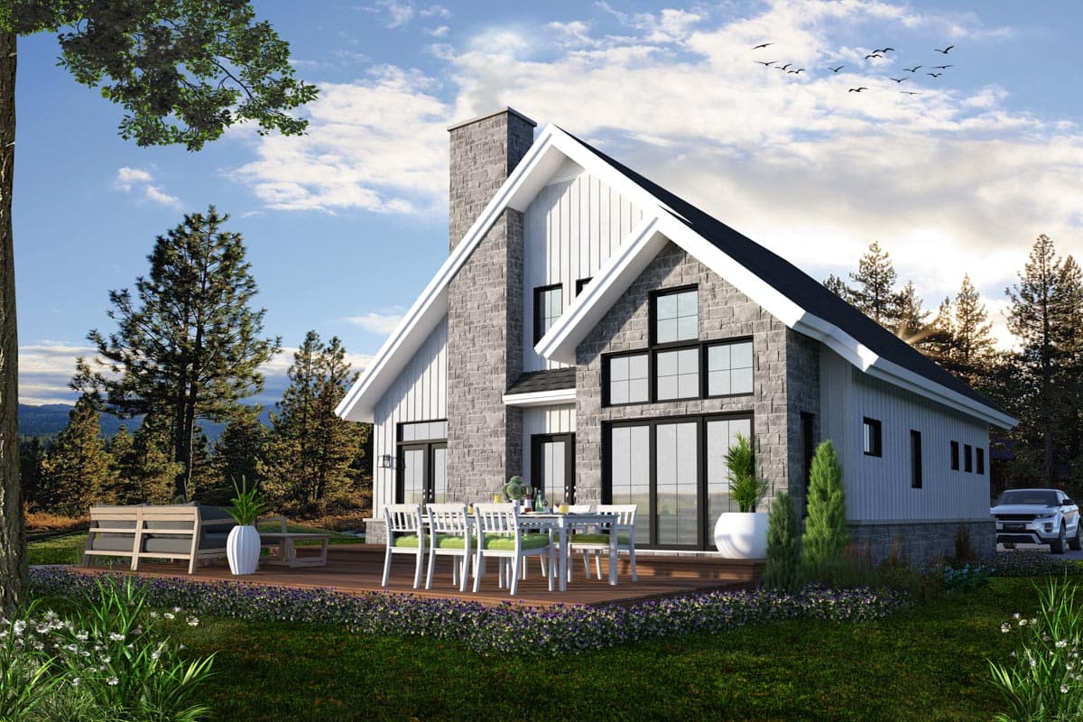 House plan exterior showing a two-story Modern Farmhouse with stone and vertical siding, a prominent gable, and large windows.