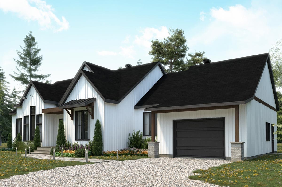 House plan exterior: Modern Farmhouse style, one story, white vertical siding, gabled roof, porch, and attached garage.
