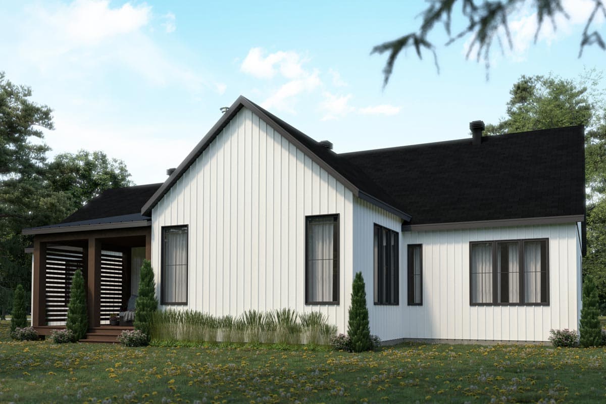 House plan exterior: Modern Farmhouse style, one story, white vertical siding, gabled roof, covered porch with wood slat screen.