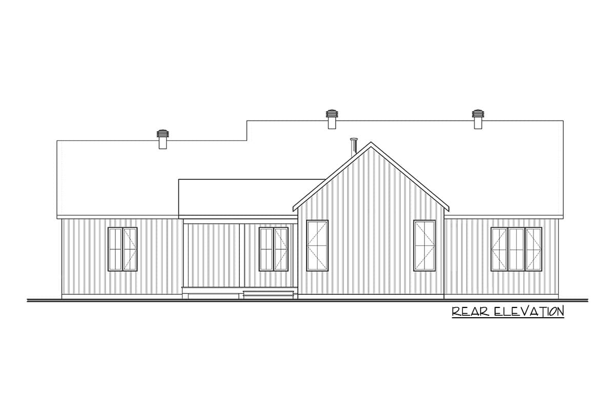 Rear elevation drawing of a house plan showing a gabled central section and shed roof elements, with multiple windows.