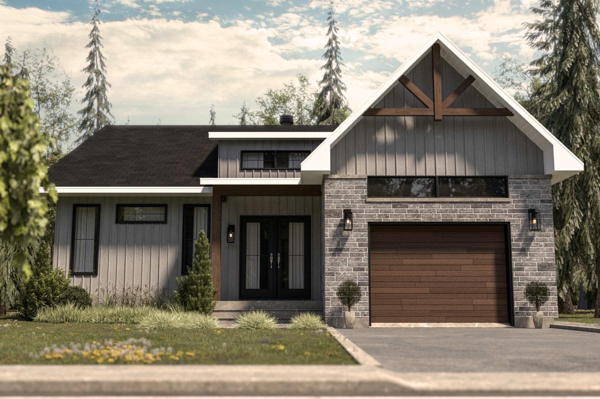House plan exterior with board and batten siding, a gable roof with exposed wood truss, and a stone facade around the garage door.