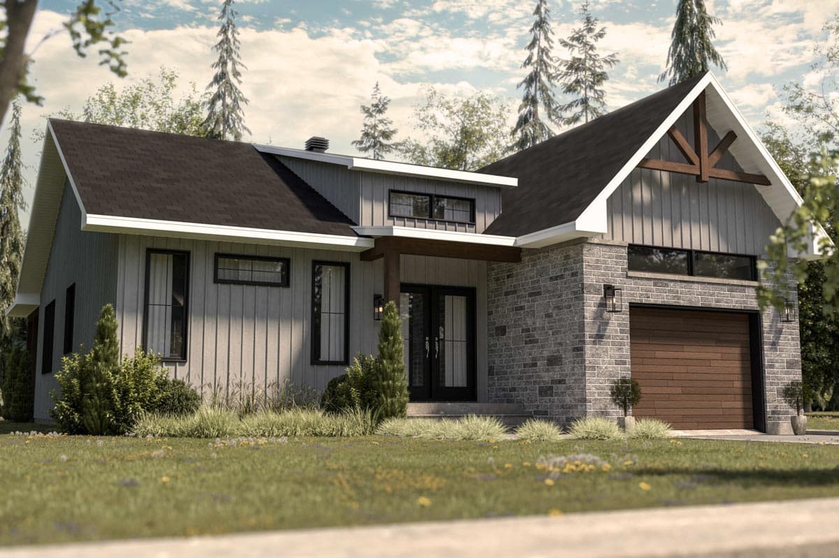 House plan exterior with gabled roof, vertical siding, stone accents, front entry porch, and wood garage door.