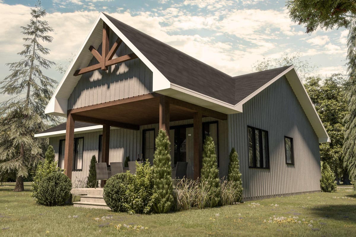 House plan exterior of a one-story Modern Farmhouse with a covered porch, gabled roof, and vertical siding.