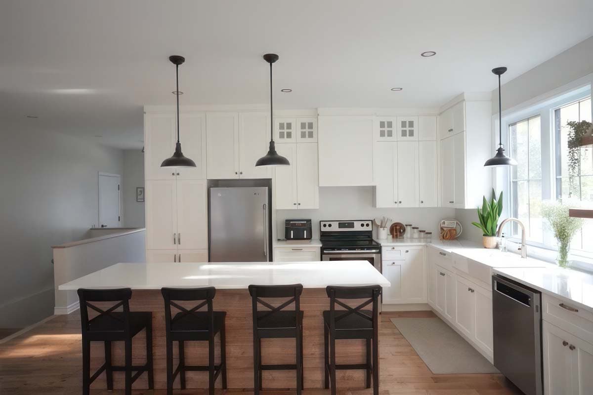 Kitchen with white shaker cabinets, large island with seating, stainless steel appliances, and farmhouse sink with large windows.