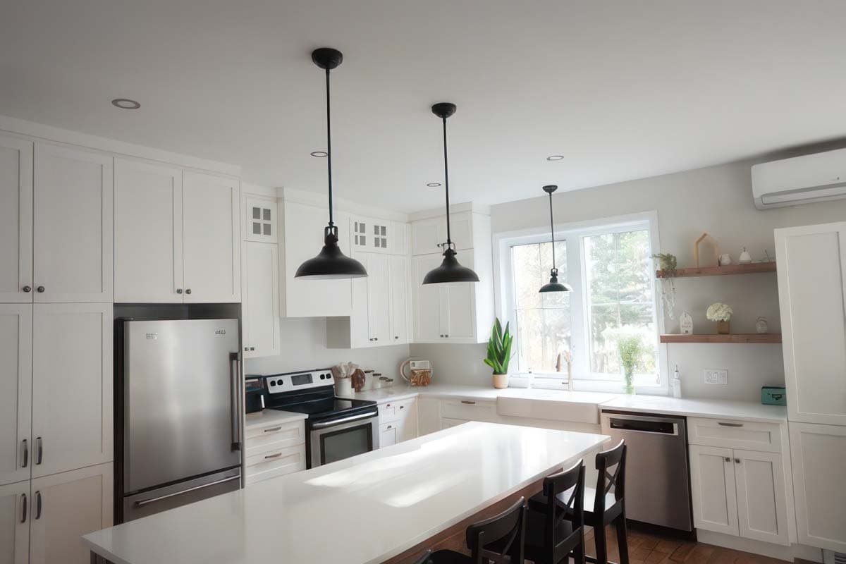 Modern kitchen with white cabinetry, stainless steel appliances, a central island, and three black pendant lights.