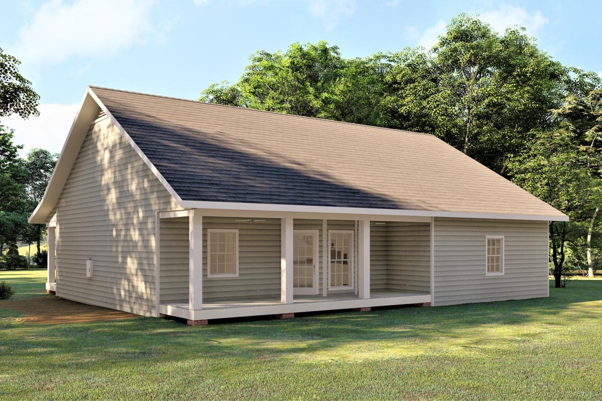 House plan exterior of a one-story home with a gabled roof, wide covered porch, and double doors.