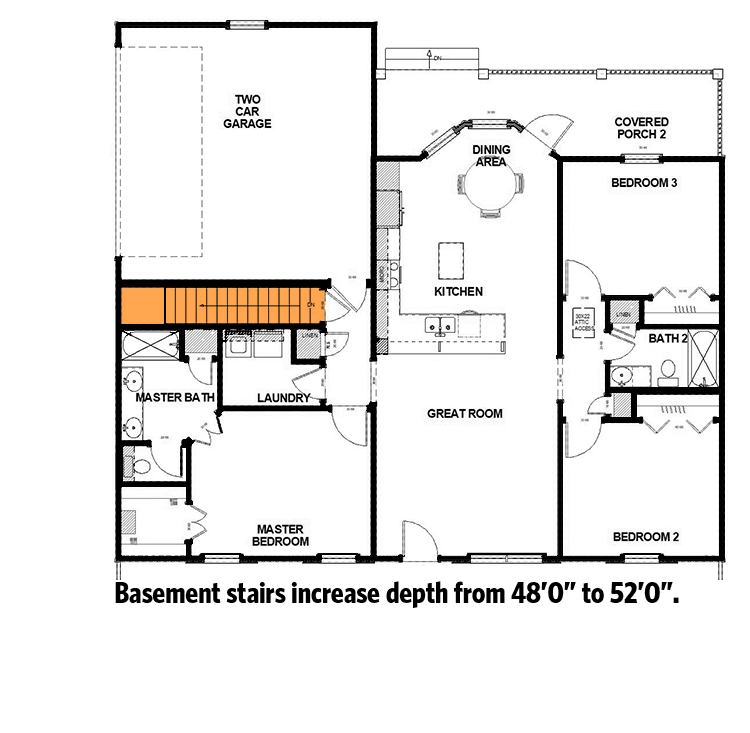 Plan 25025DH: 3-Bedroom Home Plan with Simple Roofline and 2-Car Garage - 1493 Sq Ft - Floor Plan - Basement Stairs Location - Country, Ranch, Southern