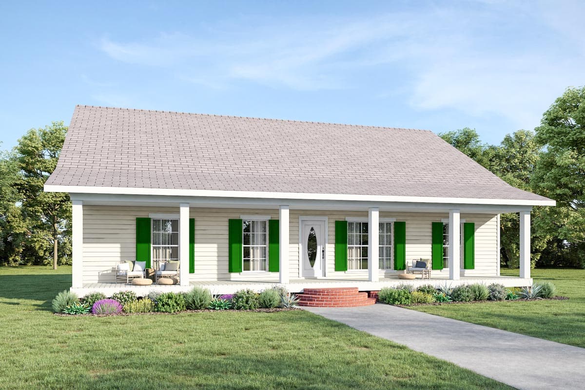 House plan exterior featuring a one-story, Ranch style home. Includes a covered porch with columns, a simple roofline, and green shutters.