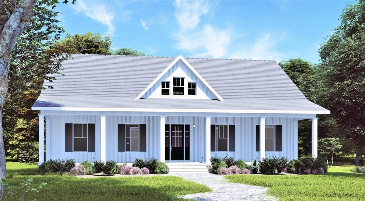 House plan exterior: One-story Modern Farmhouse with a full-width porch, board-and-batten siding, and a prominent gable dormer.