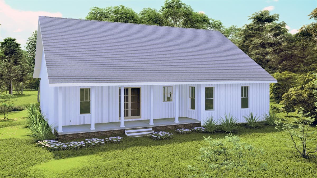 House plan exterior: One-story Modern Farmhouse with gabled roof, board-and-batten siding, and a covered porch with columns.