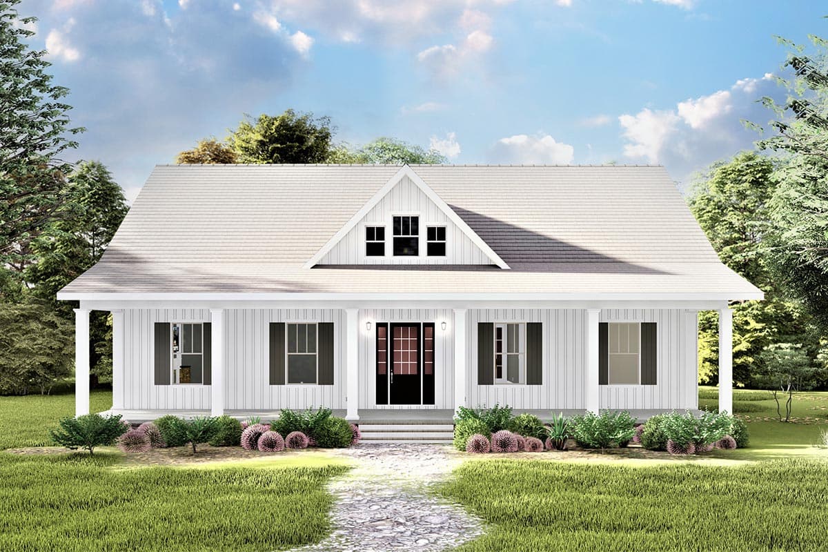 House plan exterior featuring a single-story farmhouse style with a front porch, gables, and dormer windows.
