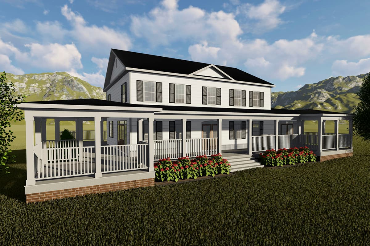 Two-story house plan exterior with wraparound porch, gables, and white railing.