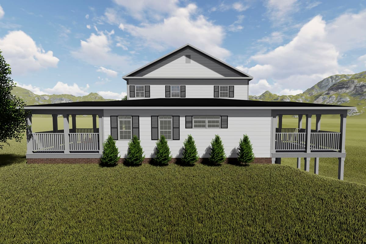 House plan exterior: two-story traditional home with a wraparound porch, gable roof, and numerous shutters.