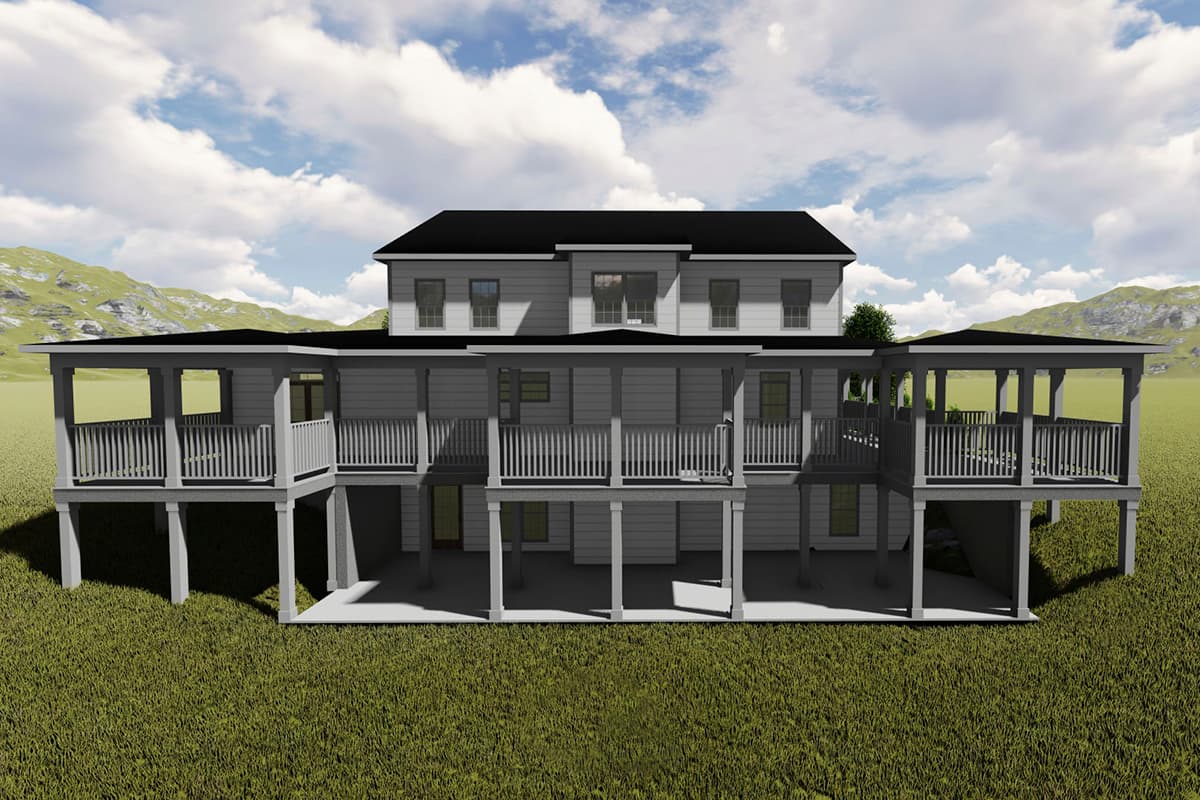 House plan exterior, three stories, featuring wrap-around porches on two levels, central gables, and a hip roof.