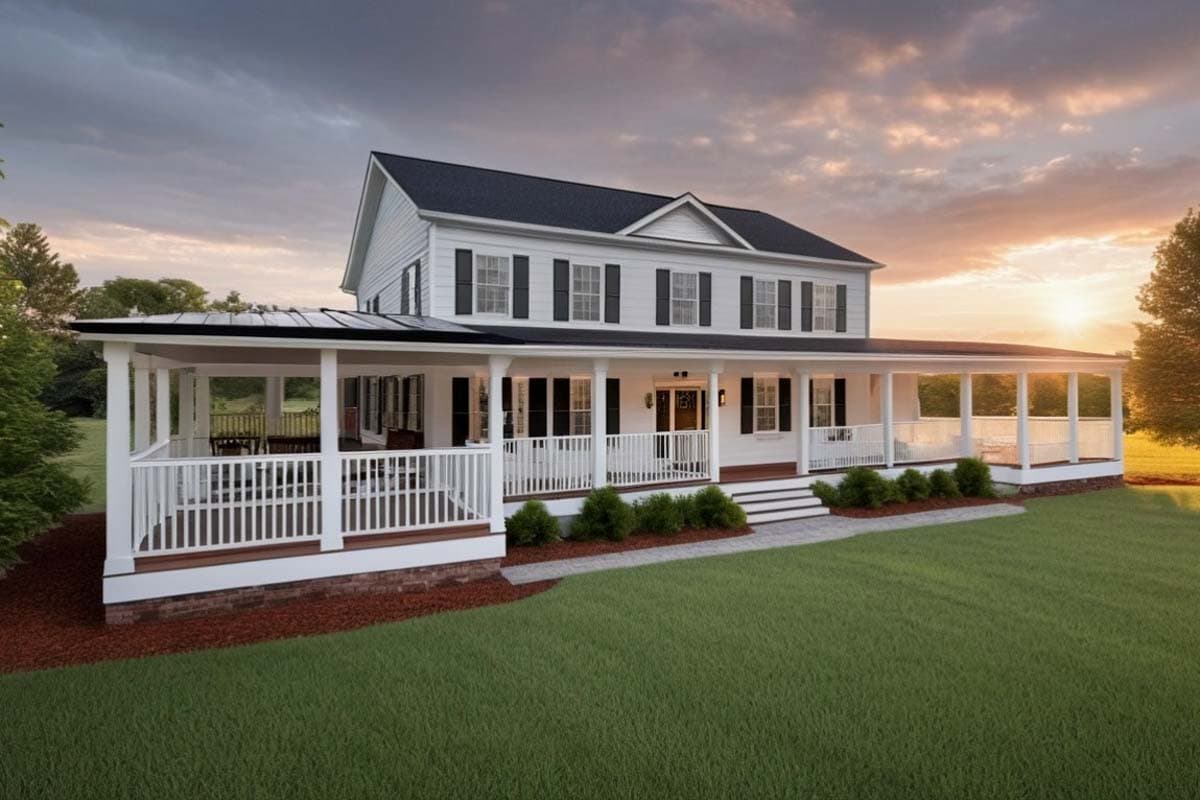 Two-story house plan exterior with wrap-around porch, gabled roof, and multiple shutters. Features white siding and black roof.