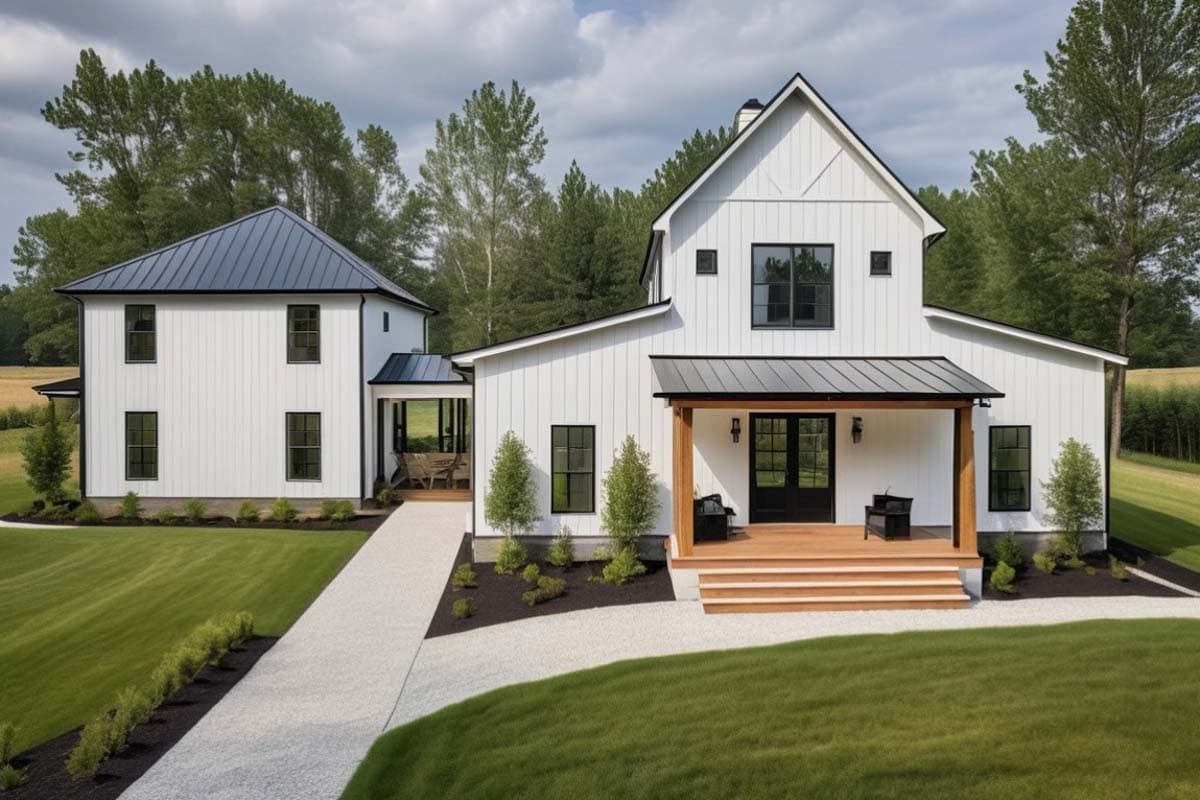 House plan exterior. Two-story Modern Farmhouse with a gabled roof, covered porch, and a detached structure with a matching roofline.