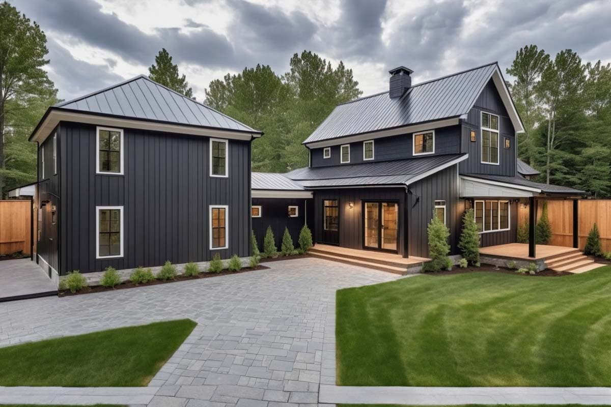 Modern farmhouse house plan exterior with dark vertical siding, metal roofs, gables, and a covered deck.