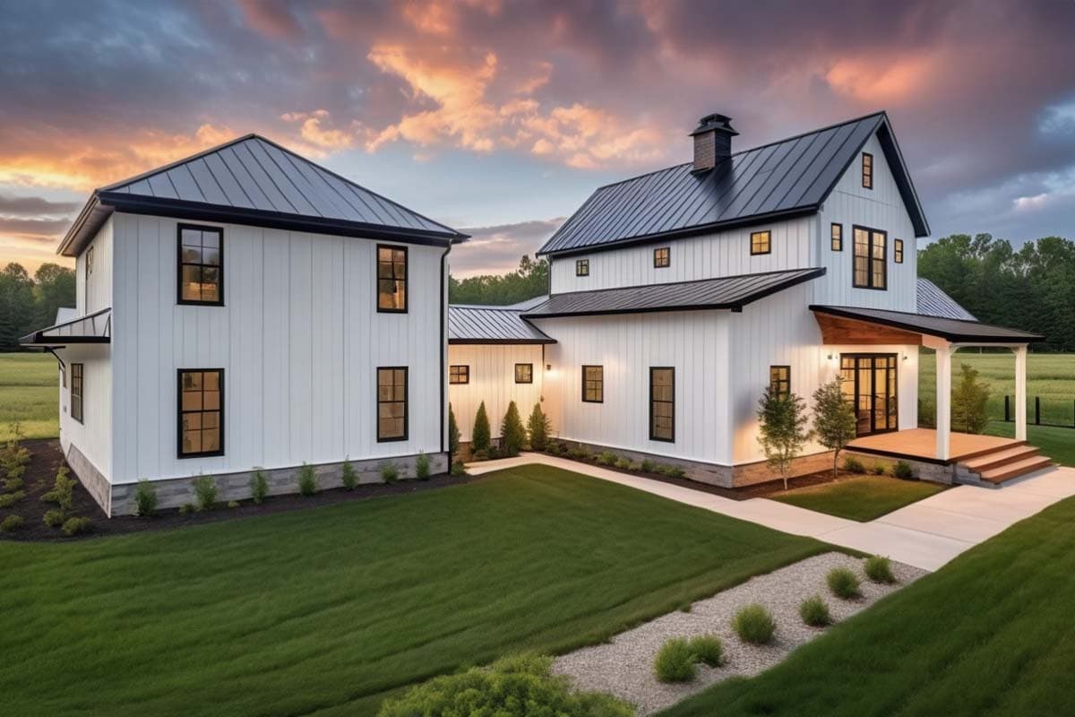 Modern Farmhouse exterior plan with white board-and-batten siding, black metal roof, gables, and a covered front porch.