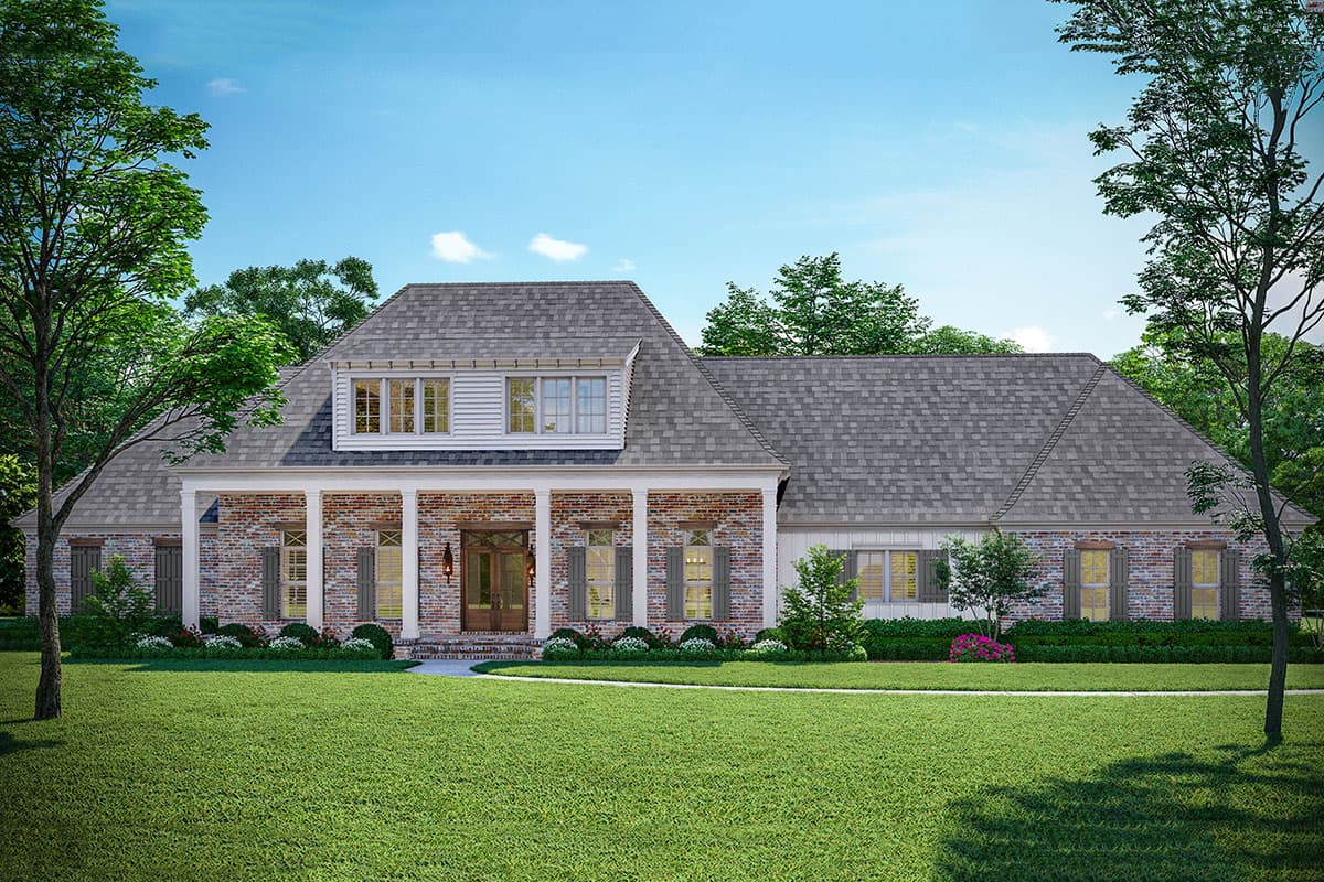 House plan exterior featuring a two-story design with a front porch, gables, and a brick and siding facade.