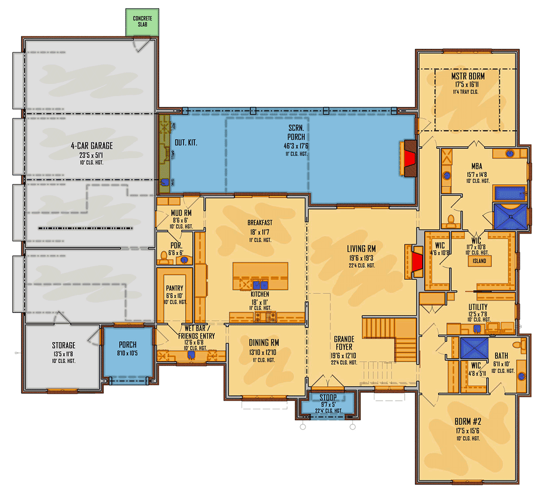Plan 510194WDY: Exclusive 2-Story New Traditional House Plan with 4-Car Garage and Screened Porch - 4096 Sq Ft - Floor Plan - Main Level - Acadian, Colonial, Contemporary, French Country, Louisiana-Style, Southern, Southern Traditional, Traditional