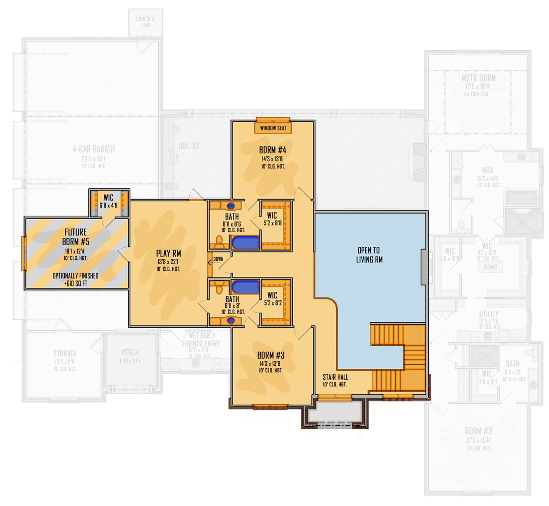 Plan 510194WDY: Exclusive 2-Story New Traditional House Plan with 4-Car Garage and Screened Porch - 4096 Sq Ft - Floor Plan - 2nd Floor - Acadian, Colonial, Contemporary, French Country, Louisiana-Style, Southern, Southern Traditional, Traditional