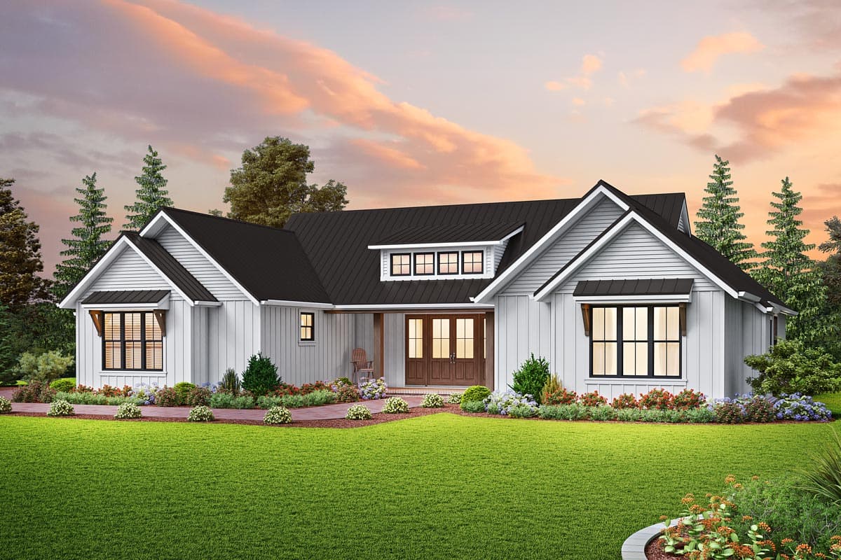 House plan exterior. Modern Farmhouse style with a single story, gabled rooflines, and a covered porch. Features include board and batten siding.