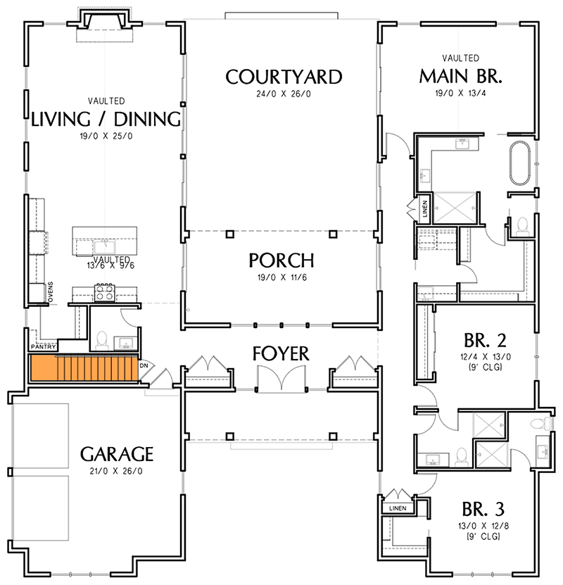 Plan 69770AM: One-Story New American Home Plan with Bedrooms Off To One Side - 2451 Sq Ft - Floor Plan - Basement Stairs Location - Country, Craftsman, New American, Ranch