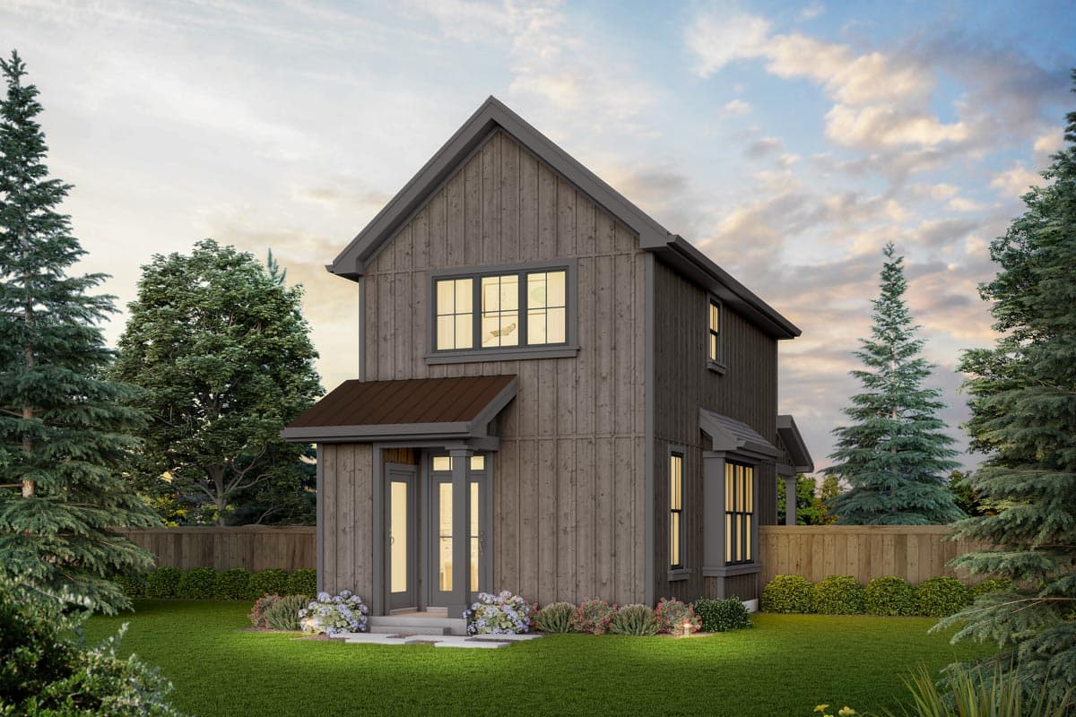 Modern farmhouse style house plan exterior, two stories, with vertical siding, gable roof, and covered entry with metal awning.