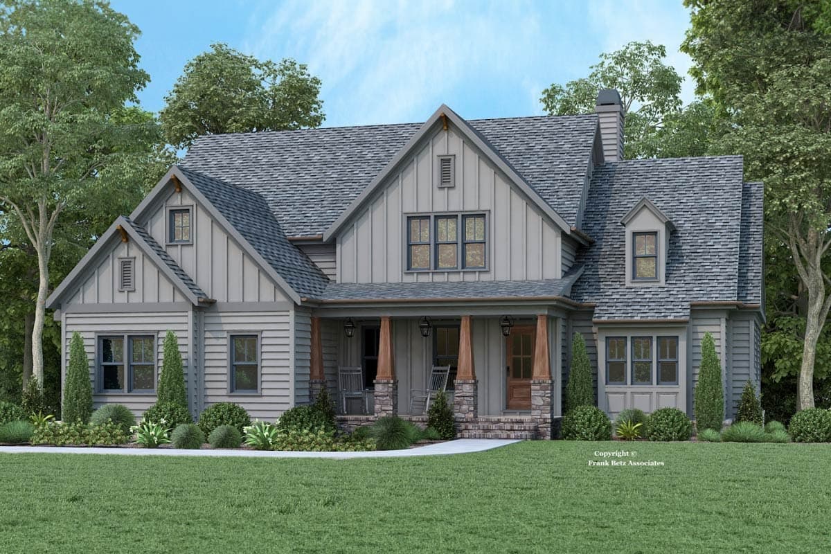 House plan exterior. Two-story Modern Farmhouse with gables, porch with stone columns and wood posts, and dormers.