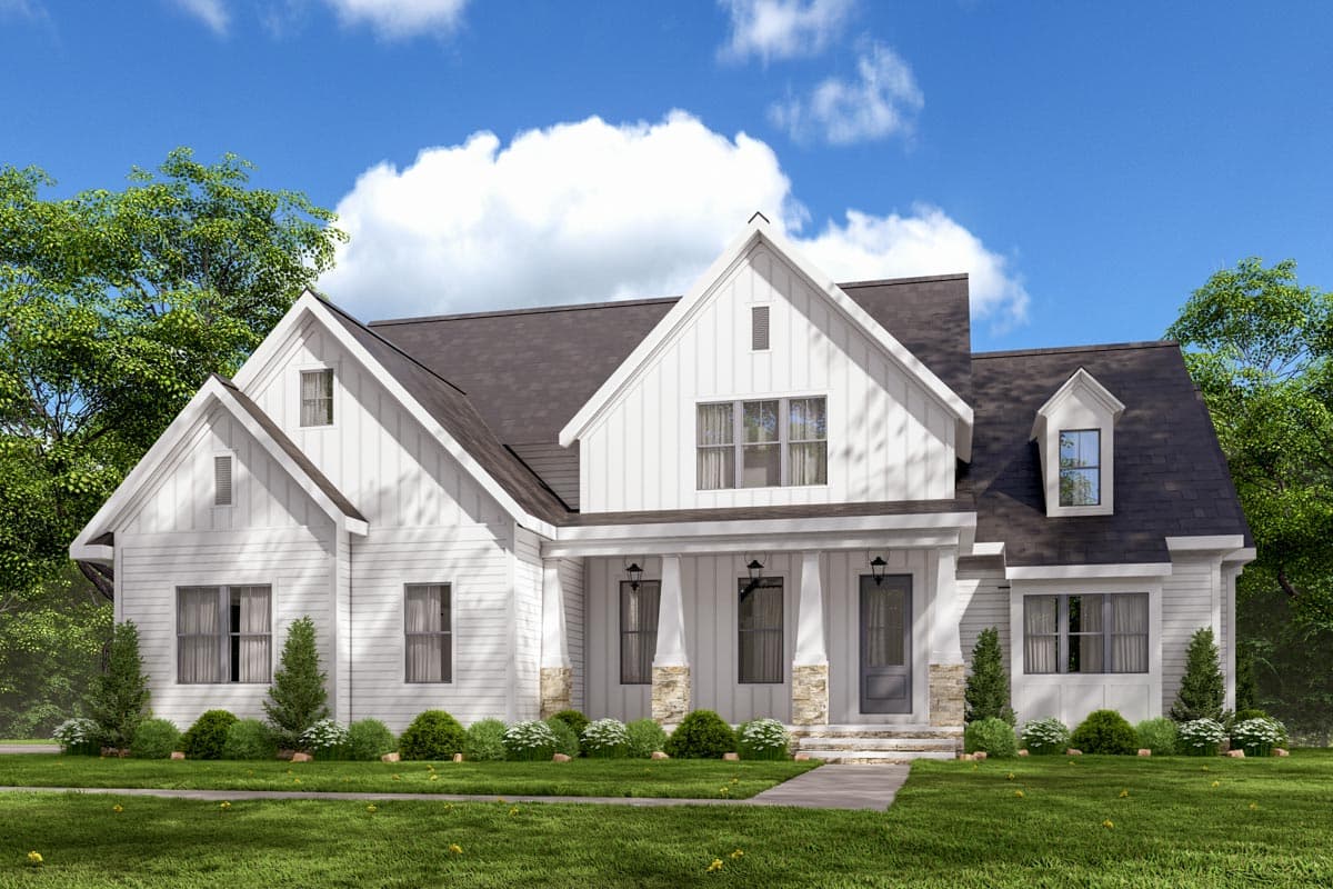 Modern Farmhouse house plan exterior with gables, dormers, stone accents on porch columns, and multiple rooflines.