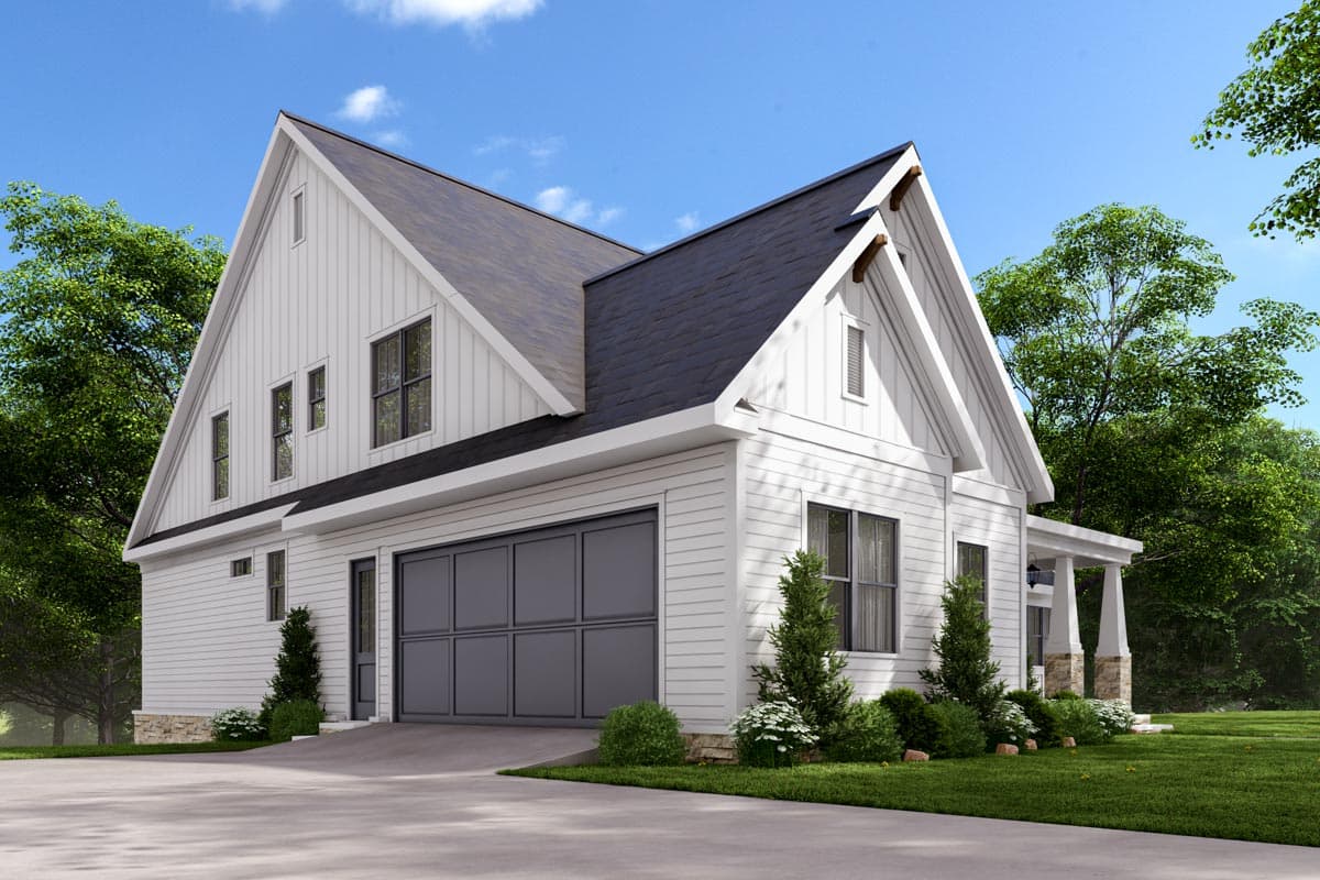 Modern Farmhouse house plan exterior with vertical siding, prominent gables, dark multi-pane windows, and a multi-car garage.