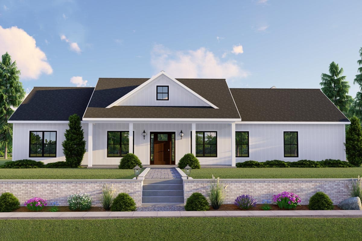 House plan exterior. Modern Farmhouse style with a single story, a front porch, gables, and dark roof. Features include black-framed windows.