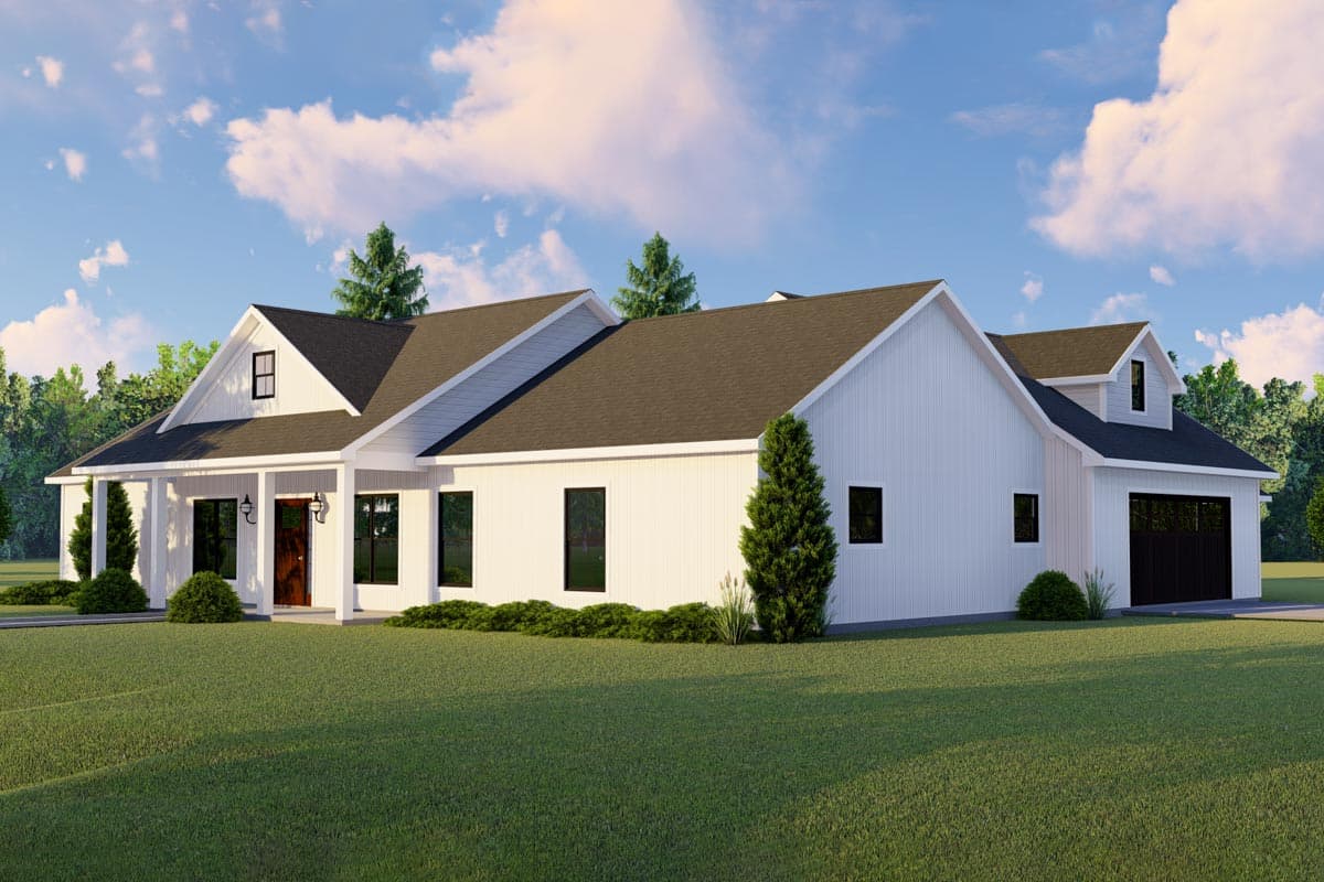 Modern Farmhouse house plan exterior with covered porch, prominent gables, and attached garage.