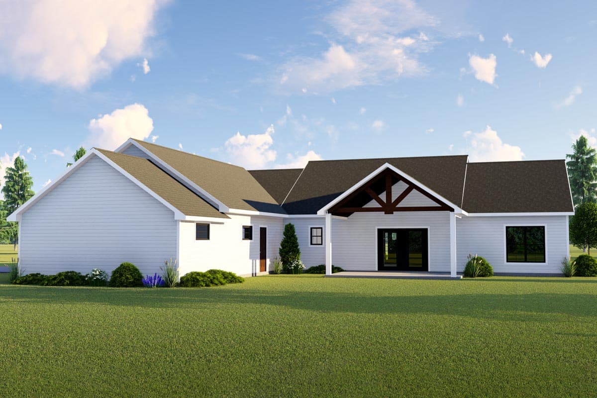House plan exterior, single-story Modern Farmhouse style with white siding, prominent gabled covered patio with exposed beams, and multi-pane windows.