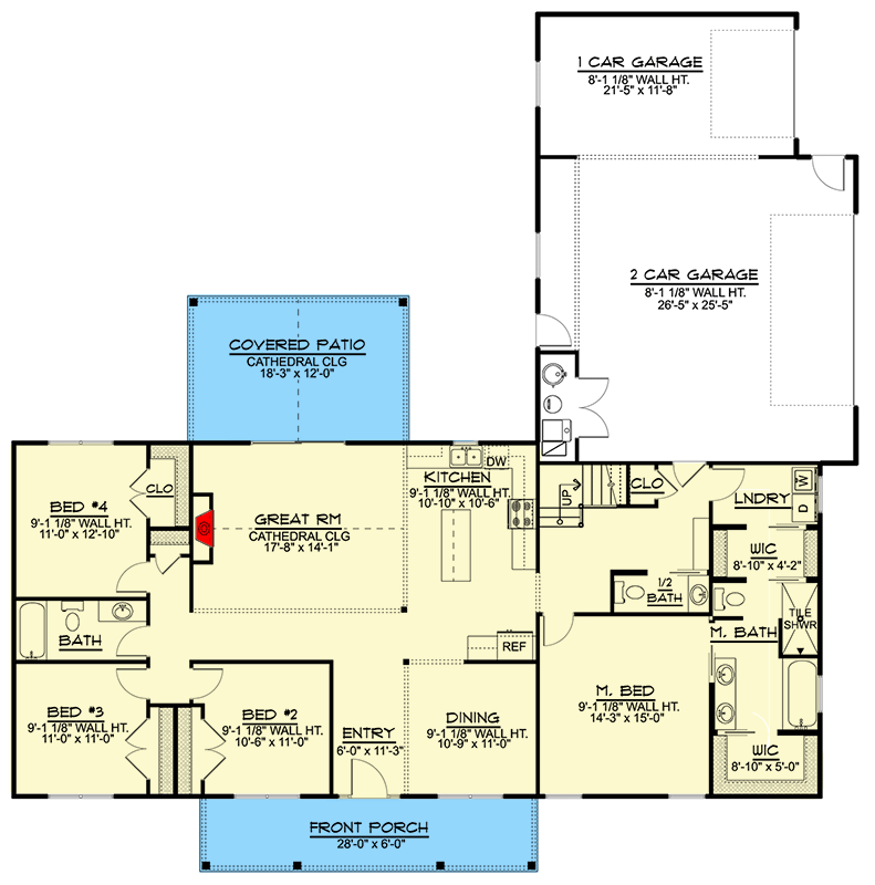 Plan 135035GRA: 4-Bed Home Plan with Cathedral Ceiling and Bonus Room above Garage - Floor Plan - Main Level - Country, Ranch, Southern