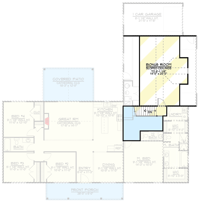 Plan 135035GRA: 4-Bed Home Plan with Cathedral Ceiling and Bonus Room above Garage - Floor Plan - 2nd Floor - Country, Ranch, Southern