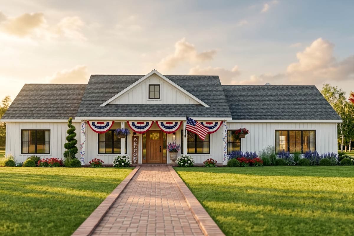 House plan exterior: White modern farmhouse with a prominent gabled front, wide covered porch, and multiple dormer windows.