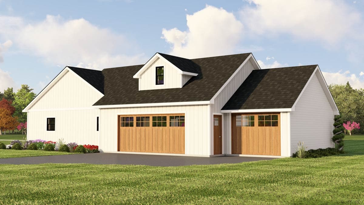 Modern Farmhouse house plan exterior with gabled roofs, a dormer, and a 3-car garage with wood doors.
