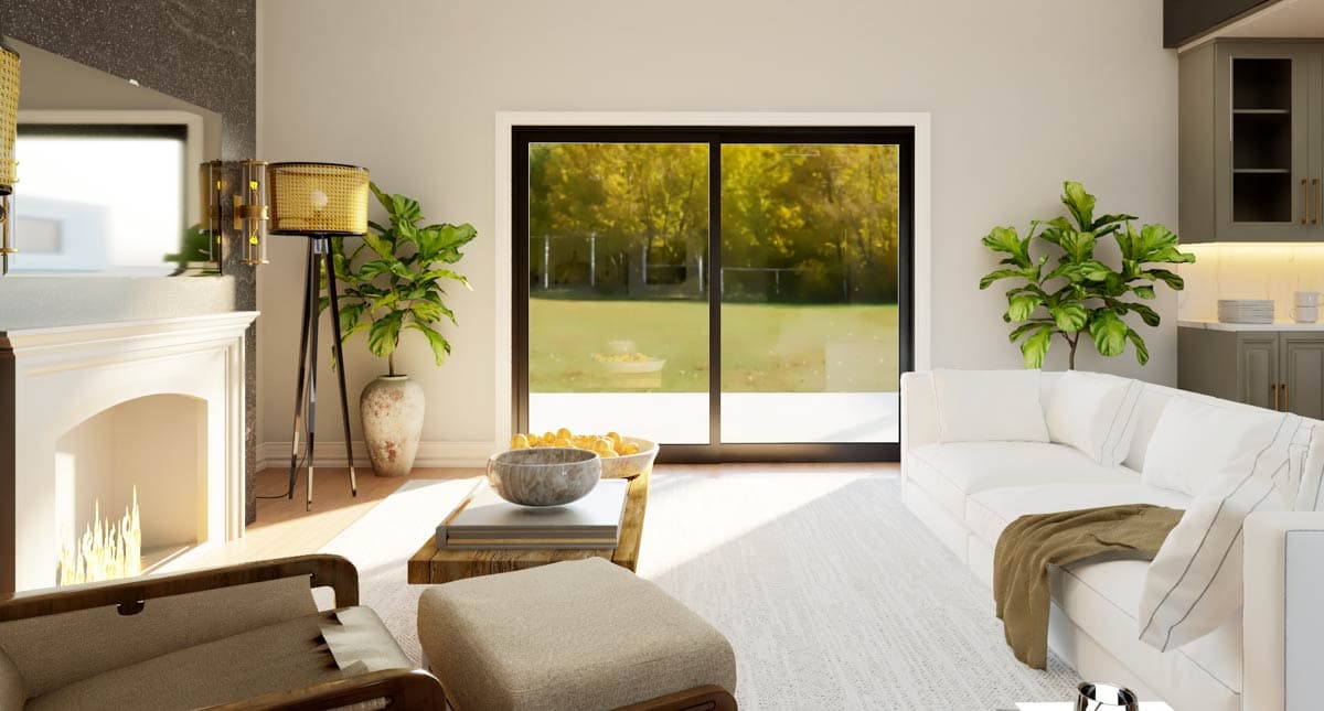 Interior rendering of a living room with fireplace, large sliding glass doors, white sectional sofa, and a glimpse of the kitchen.