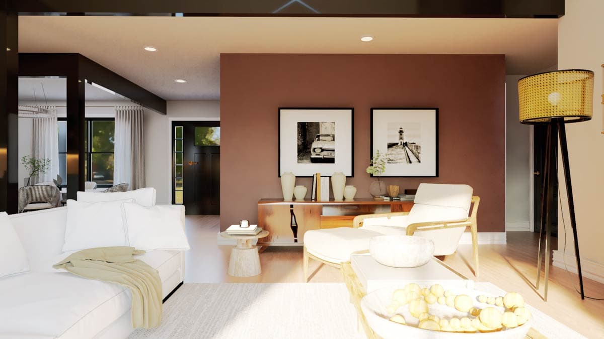 Interior rendering of a living room with a sofa, armchair, credenza, and two framed artworks on a brown accent wall.