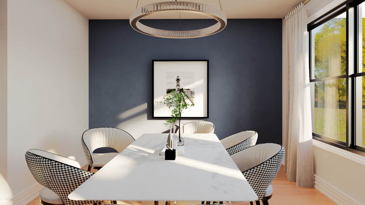 Dining room with a marble-top table, patterned chairs, abstract art, and large window with natural light.