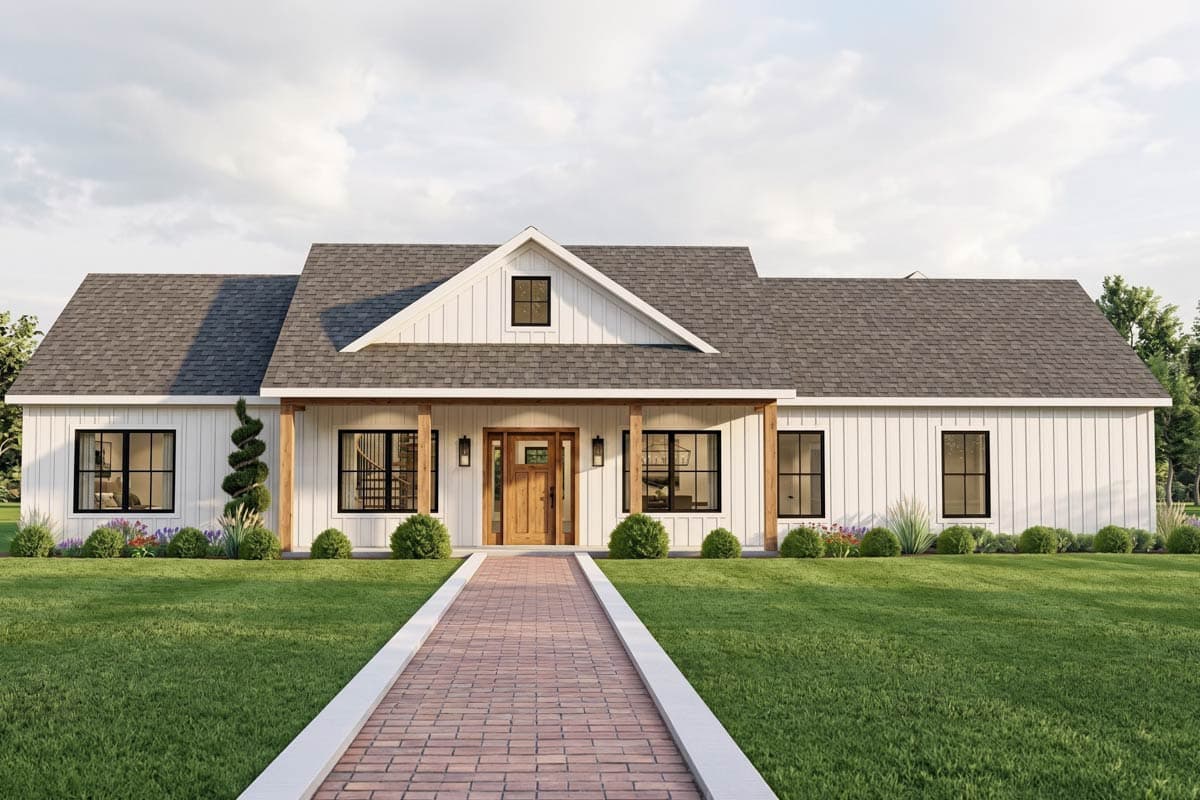 House plan exterior. Modern Farmhouse style with a single story, a front porch, gables, and dark roof. Features include black-framed windows.