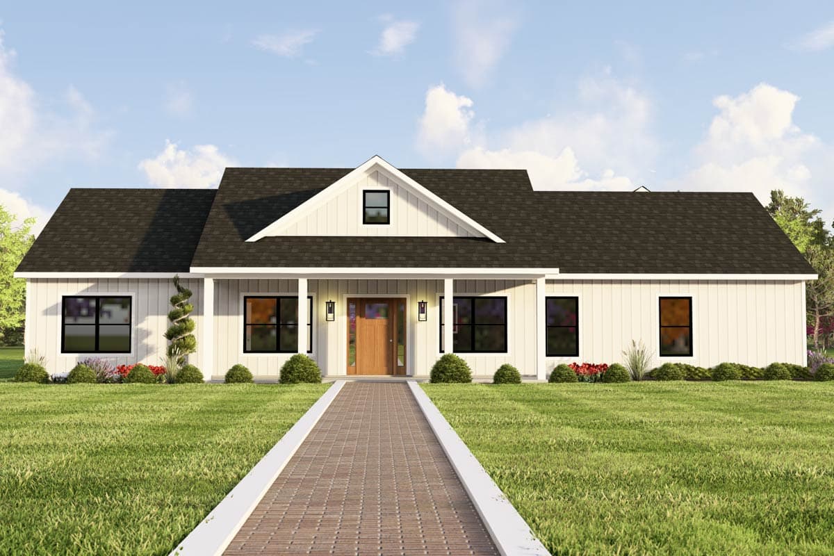 Modern Farmhouse house plan exterior with covered porch, prominent gables, and attached garage.