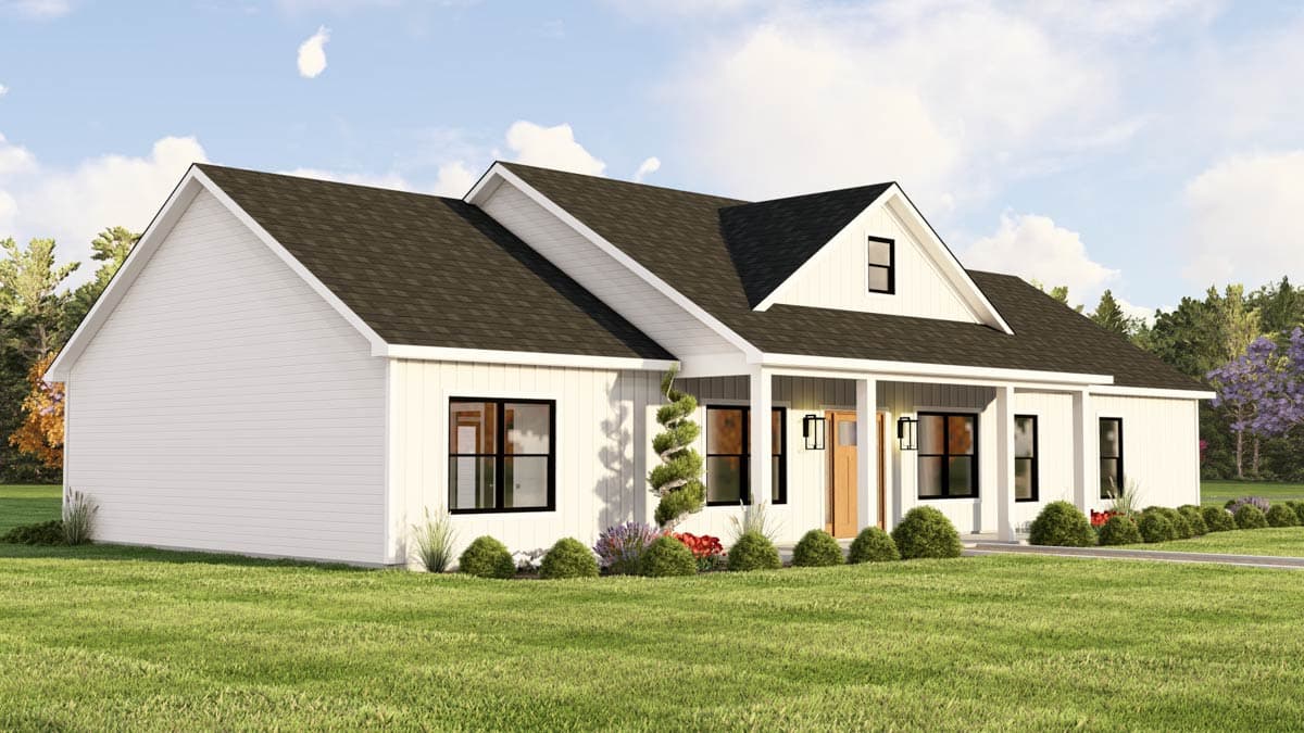 House plan exterior, single-story Modern Farmhouse style with white siding, prominent gabled covered patio with exposed beams, and multi-pane windows.
