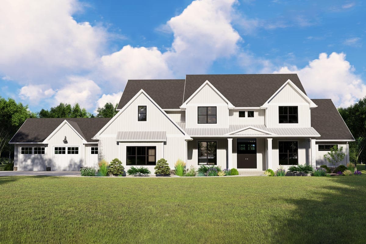 House plan exterior view, Modern Farmhouse style. Two-story with gabled roofline, front porch, and attached garage. White siding and dark roof.