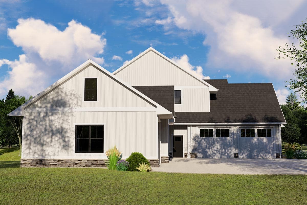 Modern Farmhouse house plan exterior with prominent gables, vertical siding, stone base, and a three-car garage.