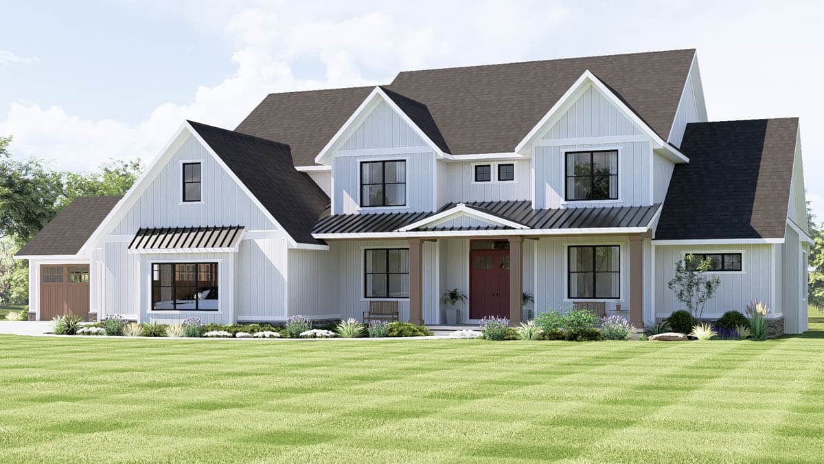 Modern Farmhouse house plan exterior with two stories, prominent gables, board and batten siding, and a covered front porch.