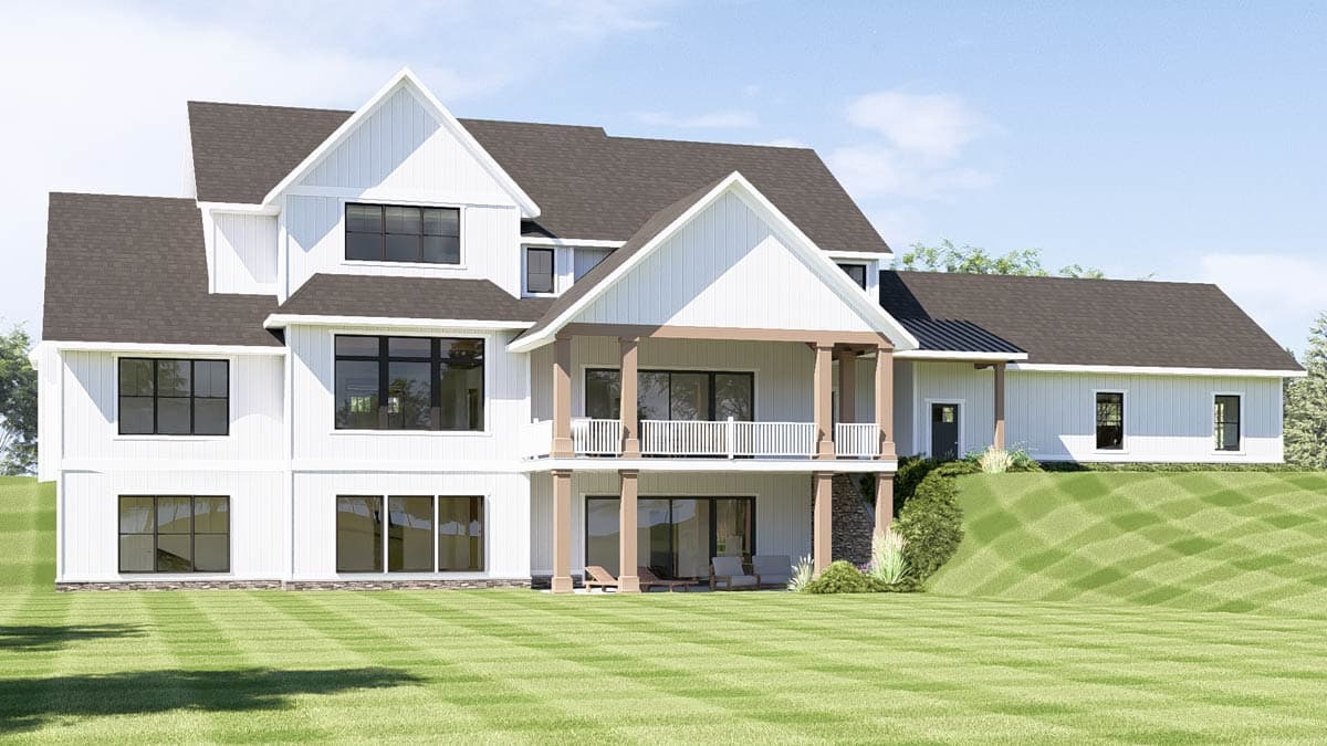 Modern Farmhouse house plan exterior with multiple gables, a covered deck, and board-and-batten siding.